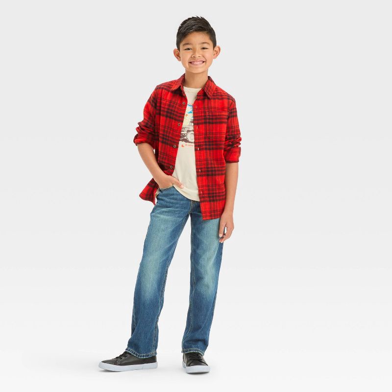 slide 3 of 3, Boys' Long Sleeve Flannel Button-Down Shirt - Cat & Jack™ Red S, 1 ct