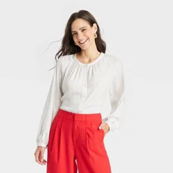 Women's Balloon Long Sleeve V-Neck Blouse - A New Day™ Cream S