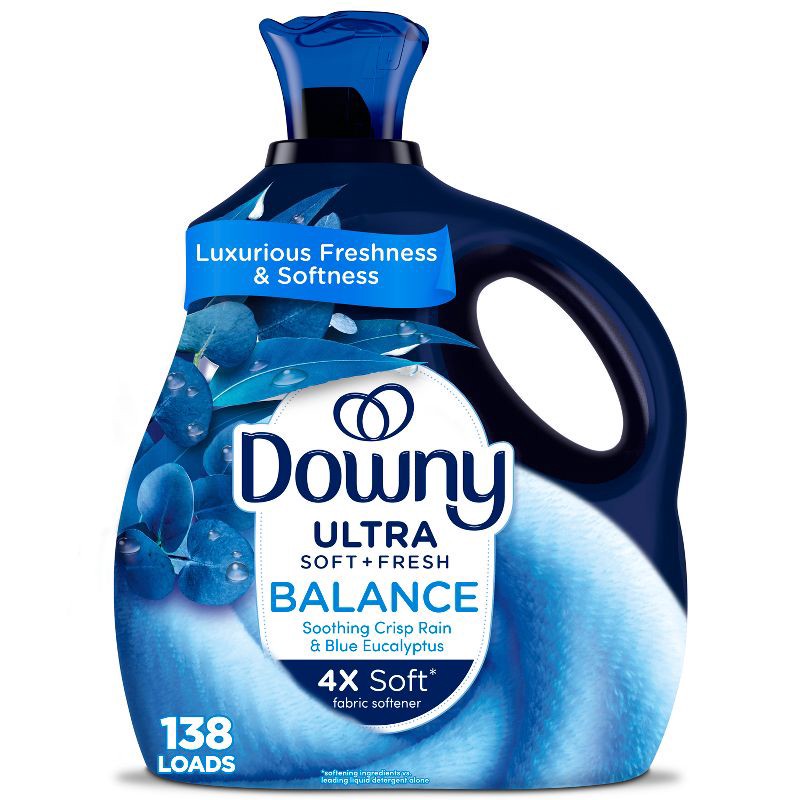 slide 1 of 11, Downy Ultra Soft + Balance Crisp Rain & Blue Eucalyptus Liquid Fabric Softener - 93 fl oz, 93 fl oz