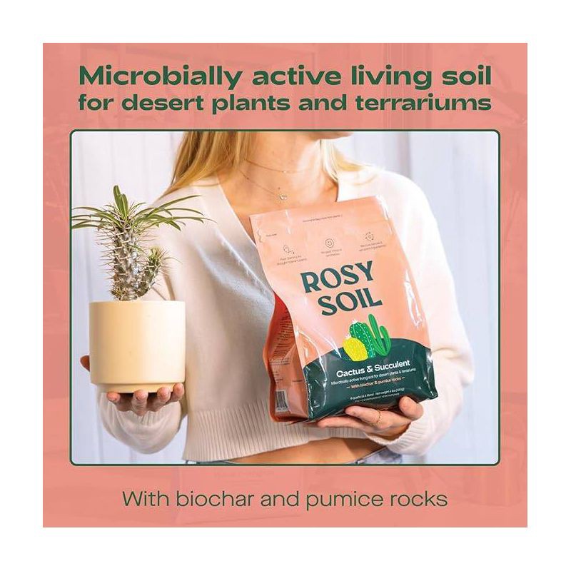 slide 4 of 9, Rosy Soil 4qt Cactus & Succulent Mix Potting Soil: Organic Blend for Indoor Plants, Moisture Control, Peat-Free, 4 qt