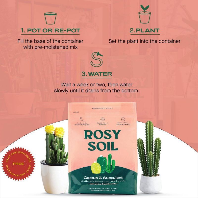 slide 7 of 9, Rosy Soil 4qt Cactus & Succulent Mix Potting Soil: Organic Blend for Indoor Plants, Moisture Control, Peat-Free, 4 qt