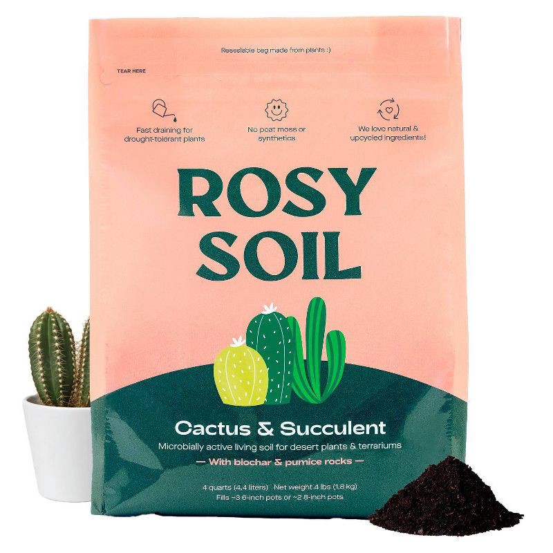 slide 1 of 9, Rosy Soil 4qt Cactus & Succulent Mix Potting Soil: Organic Blend for Indoor Plants, Moisture Control, Peat-Free, 4 qt