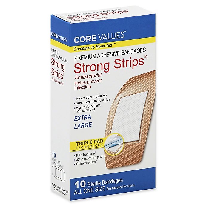 slide 1 of 1, Core Values Strong Strips Extra Large Antibacterial Adhesive Bandages, 10 ct