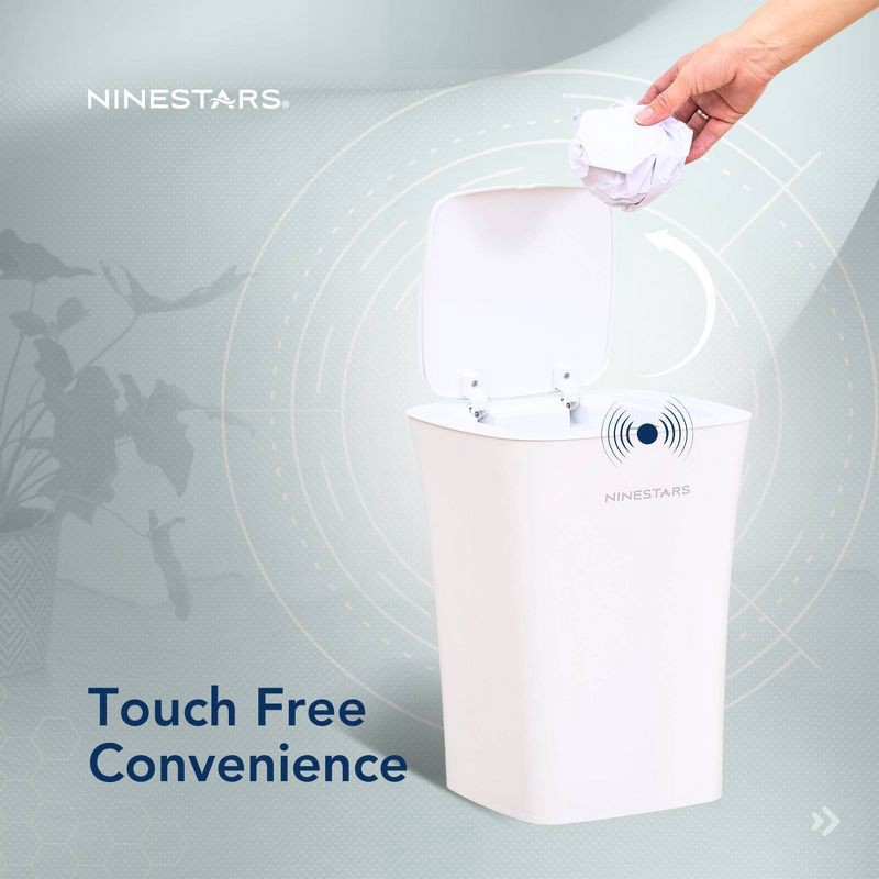 slide 2 of 8, Nine Stars 10L/2.6gal Motion Sensor & Water Resistant Trash Can White: Bathroom Trash Can with Lid, Smell Resistant, 10 liter; 2.6 gal
