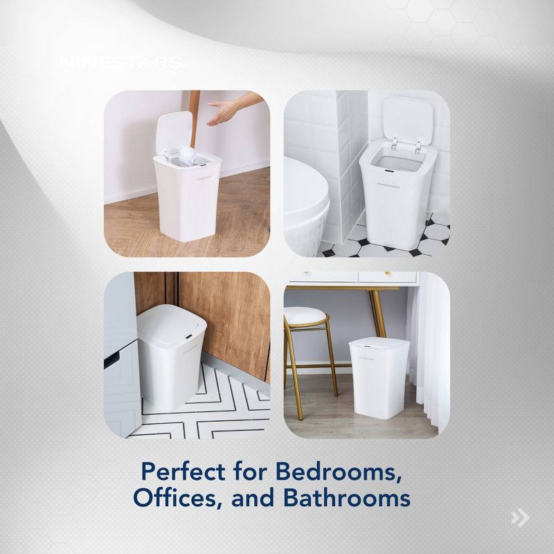 slide 6 of 8, Nine Stars 10L/2.6gal Motion Sensor & Water Resistant Trash Can White: Bathroom Trash Can with Lid, Smell Resistant, 10 liter; 2.6 gal