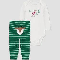 Carter's Just One You® Baby Christmas 2pc Striped Reindeer Top & Bottom Set - Green 6M