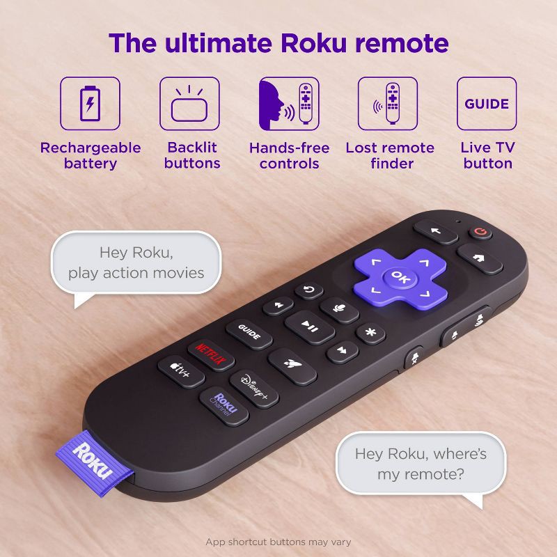 slide 2 of 9, Roku Voice Remote Pro (2nd Edition) Rechargeable replacement voice remote, backlit buttons, and hands-free voice controls, 1 ct