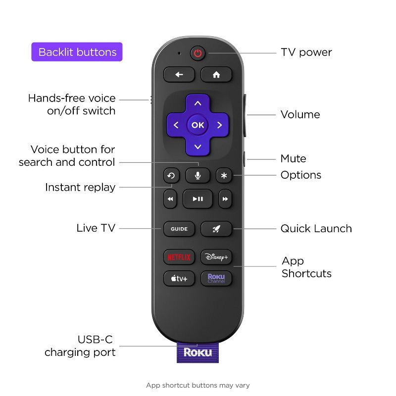 slide 3 of 9, Roku Voice Remote Pro (2nd Edition) Rechargeable replacement voice remote, backlit buttons, and hands-free voice controls, 1 ct