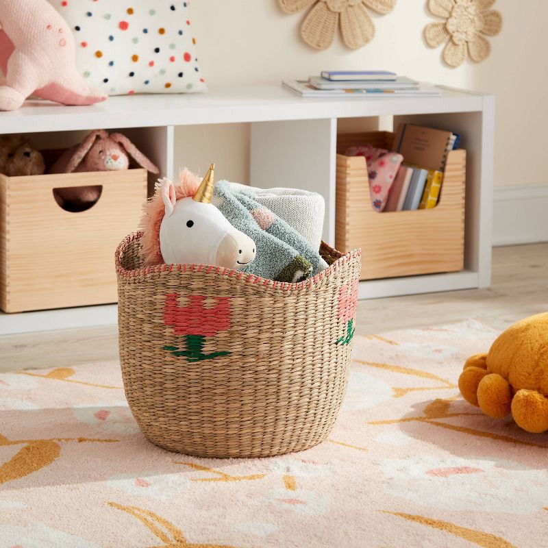 slide 2 of 3, Large Woven Kids' Storage Basket with Pink Flower - Pillowfort™, 1 ct