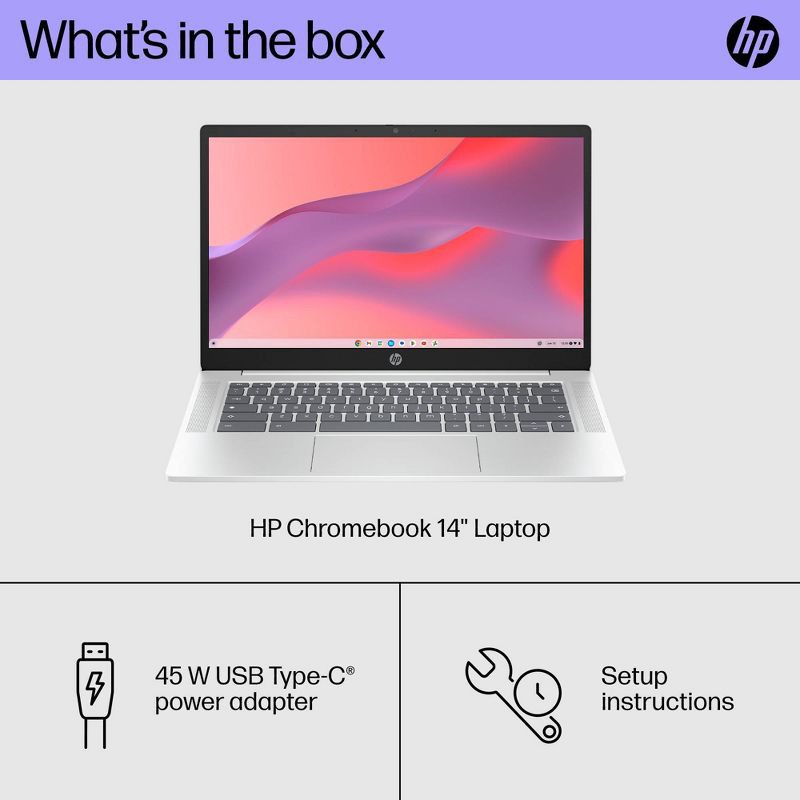 slide 14 of 14, HP Inc. HP 14" Chromebook - Intel Processor - 4GB RAM - 64GB Flash Storage - Silver (14a-nf0002tg), 1 ct