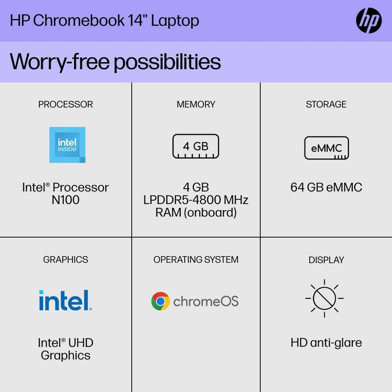 slide 6 of 14, HP Inc. HP 14" Chromebook - Intel Processor - 4GB RAM - 64GB Flash Storage - Silver (14a-nf0002tg), 1 ct