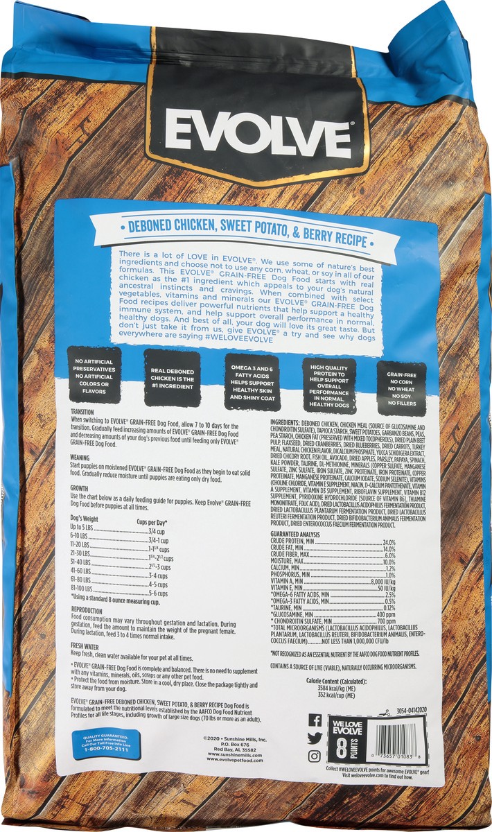 slide 10 of 11, Evolve Super Premium Grain-Free Deboned Chicken, Sweet Potato, & Berry Recipe Food for Dogs 28 lb, 28 lb