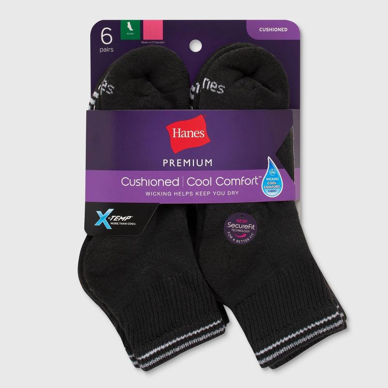 slide 4 of 4, Hanes Women's Striped Cushioned 6pk Ankle Socks - Black/White 5-9: Knit Midweight, 4-Way Stretch, Cushioned Sole, 6 ct