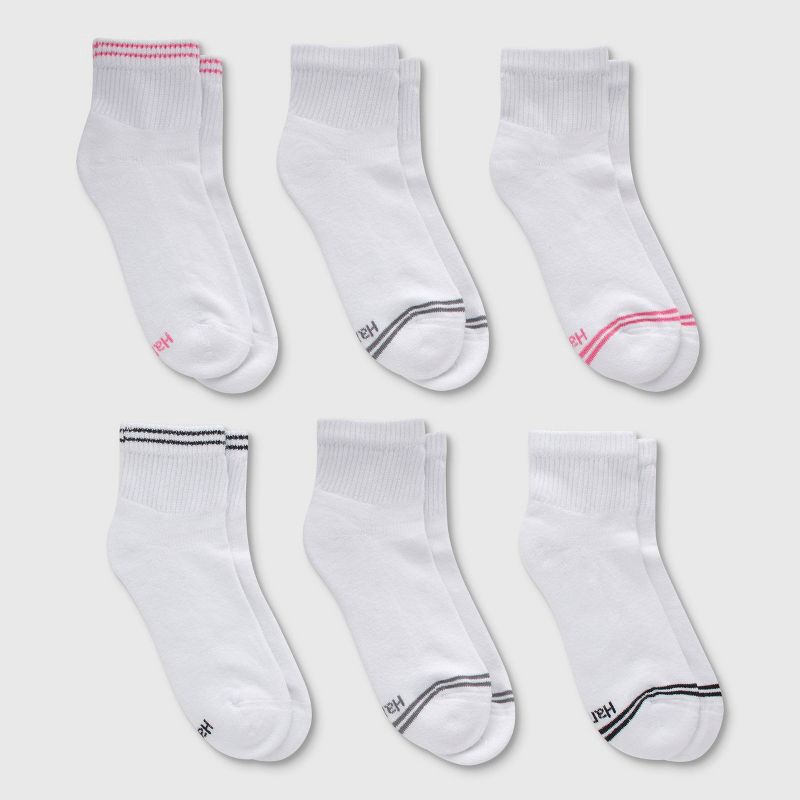 slide 3 of 4, Hanes Women's Striped Cushioned 6pk Ankle Socks - White/Pink/Black 5-9: Midweight Knit, Cushioned Sole, 4-Way Stretch, 6 ct