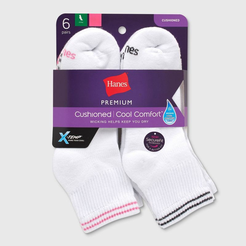 slide 4 of 4, Hanes Women's Striped Cushioned 6pk Ankle Socks - White/Pink/Black 5-9: Midweight Knit, Cushioned Sole, 4-Way Stretch, 6 ct