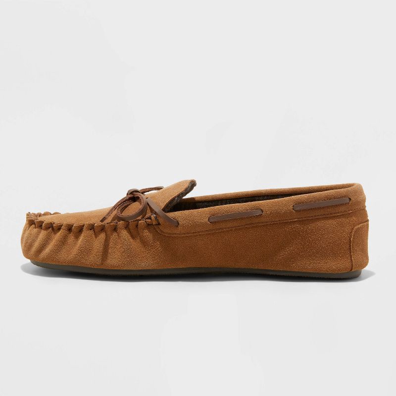 slide 2 of 4, Men's Topher Moccasin Slippers - Goodfellow & Co™ Chestnut 11: Suede Upper, Indoor/Outdoor Sole, Slip-On Design, 1 ct
