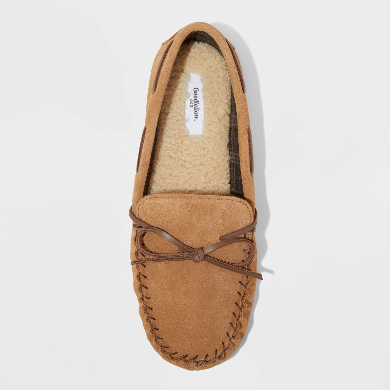 slide 3 of 4, Men's Topher Moccasin Slippers - Goodfellow & Co™ Chestnut 11: Suede Upper, Indoor/Outdoor Sole, Slip-On Design, 1 ct