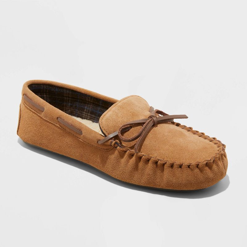 slide 1 of 4, Men's Topher Moccasin Slippers - Goodfellow & Co™ Chestnut 11: Suede Upper, Indoor/Outdoor Sole, Slip-On Design, 1 ct