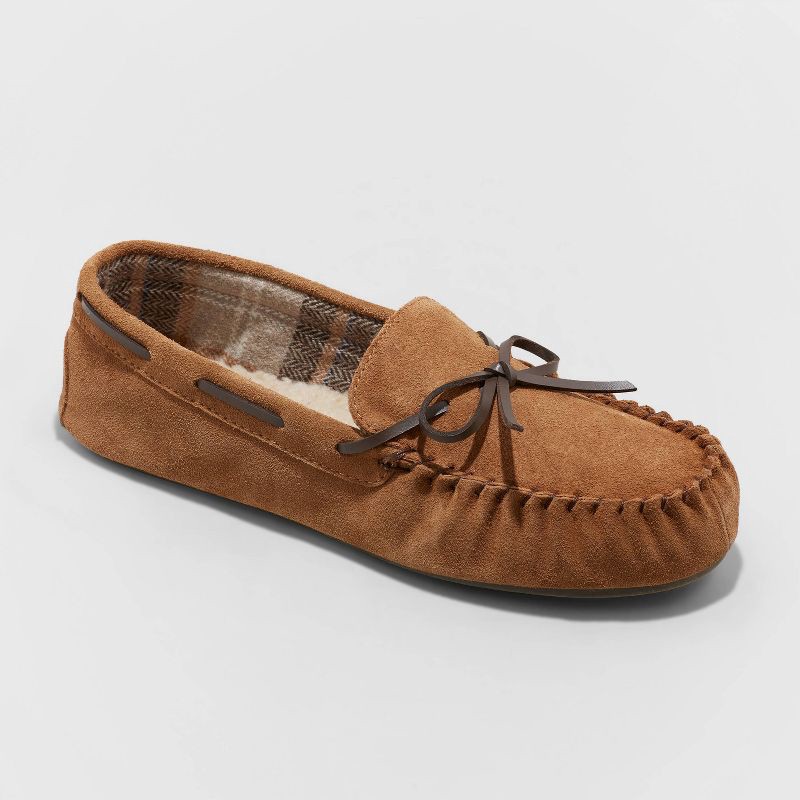 slide 1 of 4, Men's Topher Moccasin Slippers - Goodfellow & Co™ Chestnut 11: Suede Upper, Indoor/Outdoor Sole, Slip-On Design, 1 ct