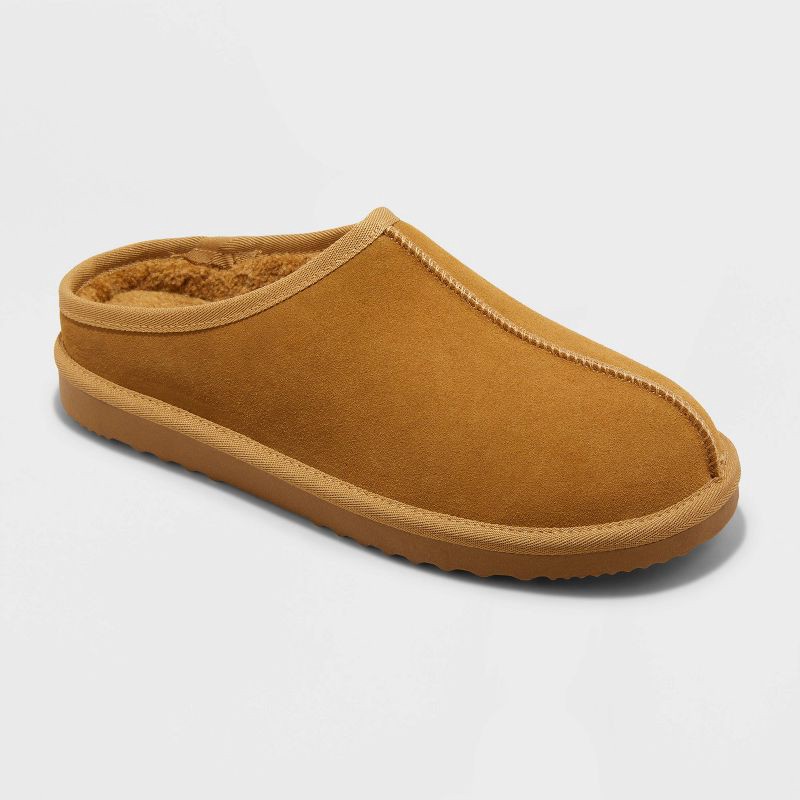 slide 1 of 3, Men's Cruz Genuine Suede Clog Slippers - Goodfellow & Co™ Brown 10: Slip-On Indoor/Outdoor, Cushioned Footbed, Medium Width, 1 ct