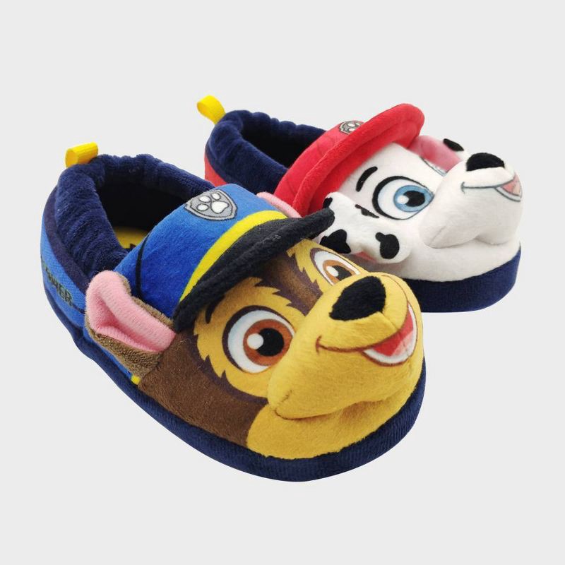 slide 5 of 7, PAW Patrol Toddler Slippers - Blue 9T-10T: Slip-On Sock Slippers with Chase & Marshall Characters, Medium Width, 1 ct