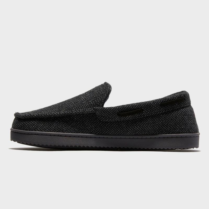 slide 2 of 4, dluxe by dearfoams Men's Herringbone Moc Slippers - Black L: Cushioned Insole, Indoor/Outdoor Outsole, Machine Washable, 1 ct