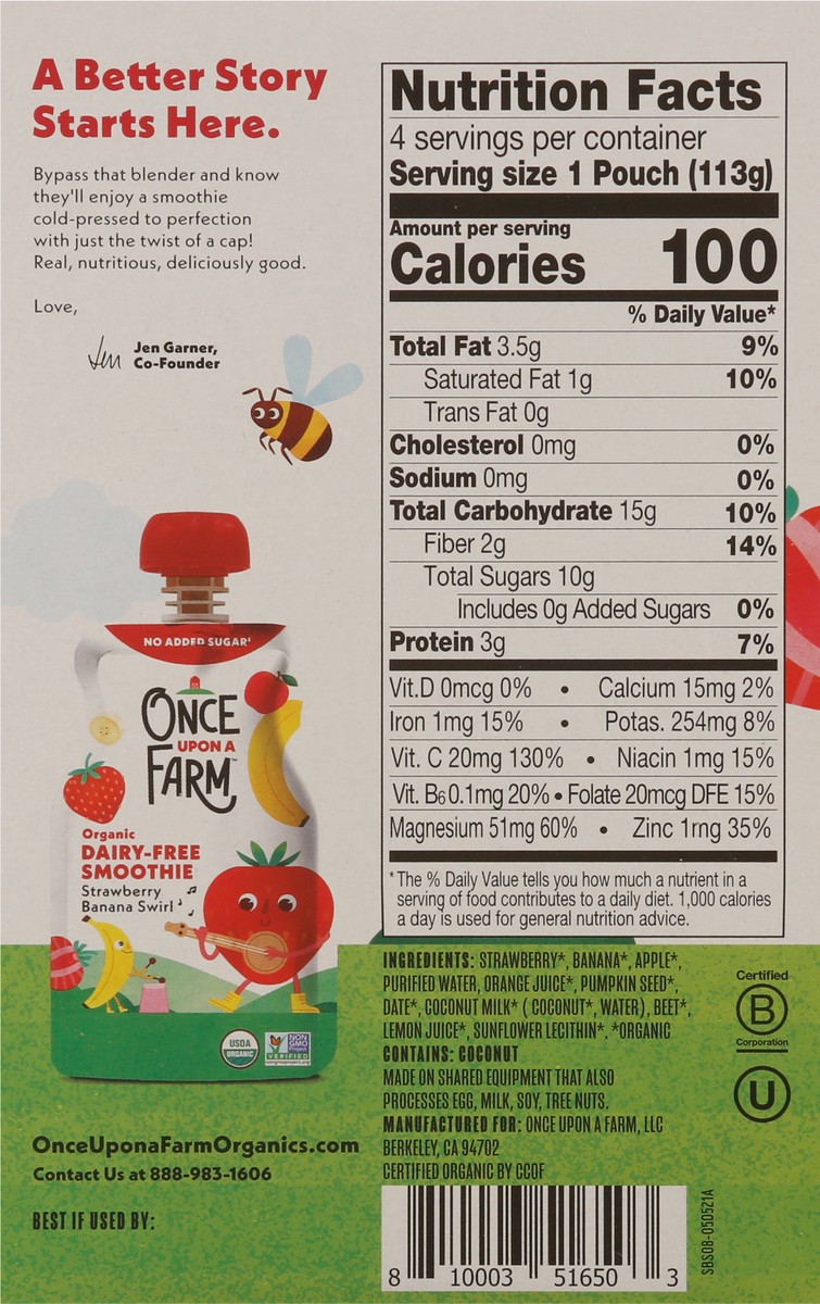 slide 5 of 9, Once Upon a Farm 4 Pack Organic Dairy Free Strawberry Banana Swirl Smoothie 4 - 4 oz Pouches, 4 ct