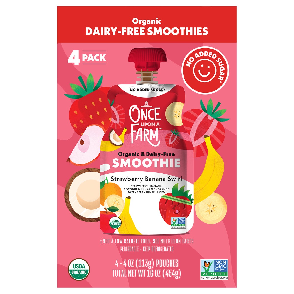 slide 1 of 9, Once Upon a Farm Organic Dairy-Free Strawberry Banana Swirl Smoothie, 4 Pack - 4 oz Pouches, 4 ct; 4 oz