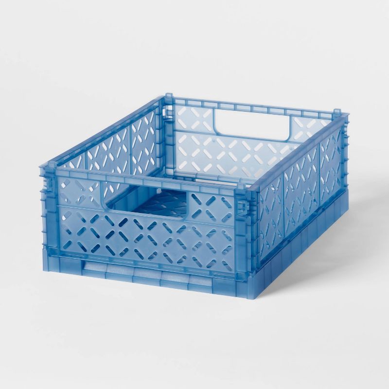 slide 1 of 3, Rectangular Plastic Foldable Medium Crate Blue - Brightroom™, 1 ct