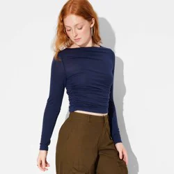 Women's Long Sleeve Boat Neck Ruched Top - Wild Fable™ Navy Blue XL
