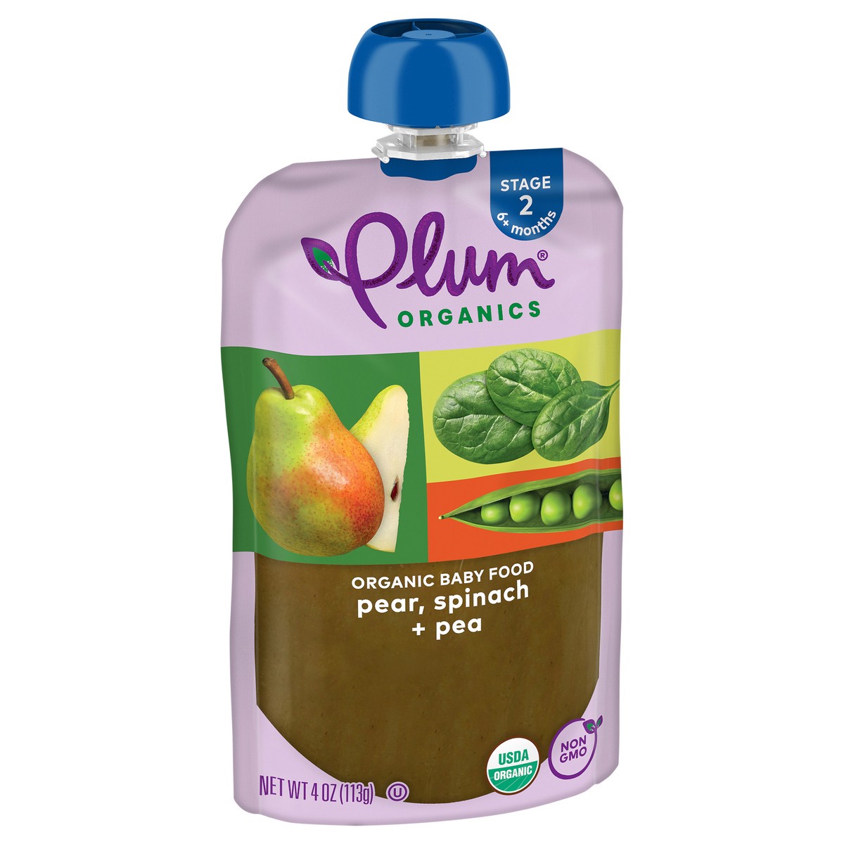 slide 4 of 9, Plum Organics Stage 2 Organic Pear, Spinach & Pea 4oz Pouch, 4 oz