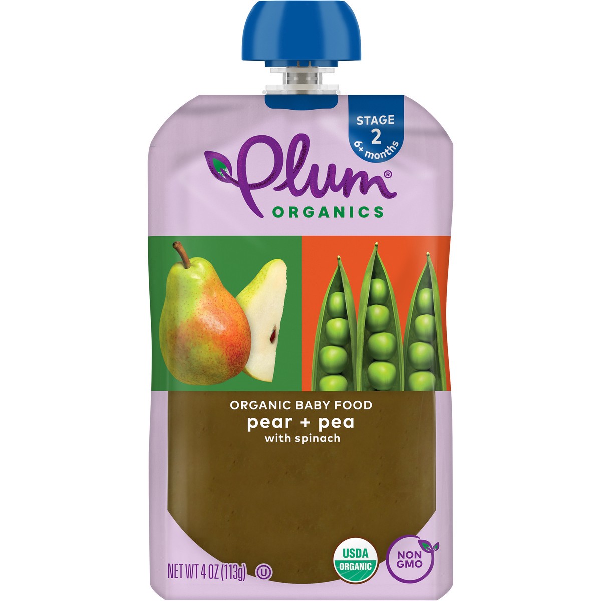 slide 1 of 9, Plum Organics Stage 2 Organic Baby Food Pear + Pea with Spinach 4oz Pouch, 4 oz