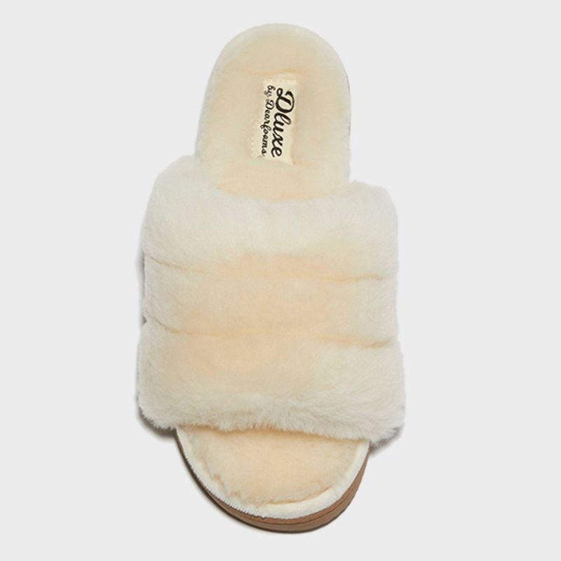 slide 3 of 5, dluxe by dearfoams Women's Shearling One Band Slide Slippers - Cream 9: Indoor/Outdoor TPR Outsole, Cushioned Insole, Open Toe, 1 ct
