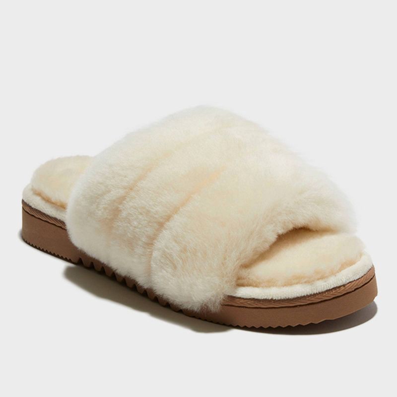 slide 1 of 5, dluxe by dearfoams Women's Shearling One Band Slide Slippers - Cream 11, 1 ct