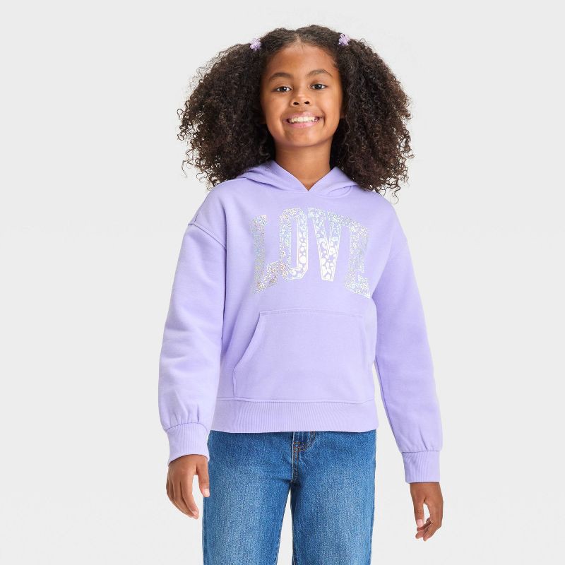 slide 1 of 5, Girls' 'Love' Pull Over Fleece Hoodie - Cat & Jack™ Lavender M, 1 ct