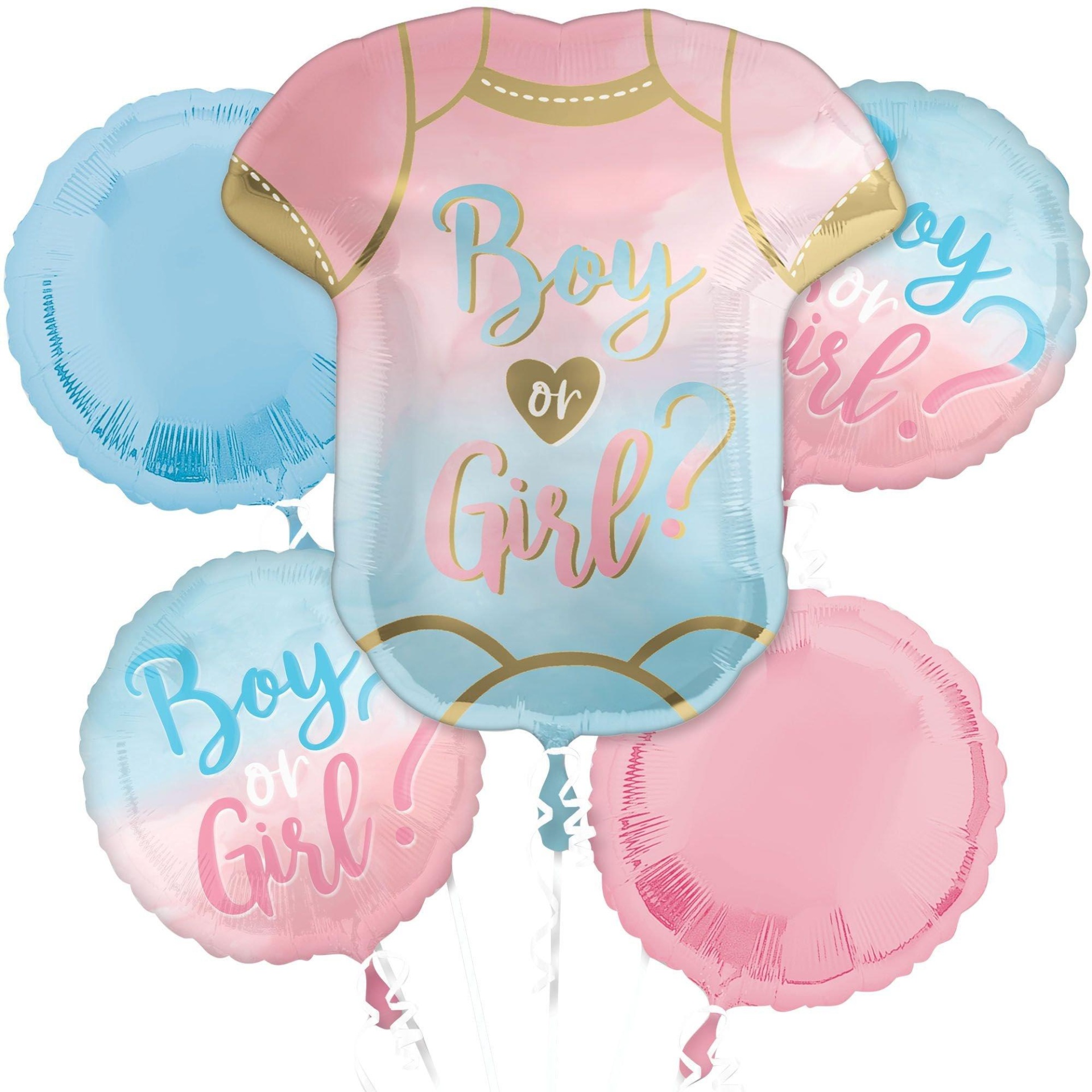 slide 1 of 1, Party City Boy or Girl Gender Reveal Foil (Uninflated) Balloon Bouquet, 5 ct