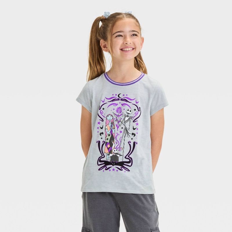 slide 1 of 4, Girls' Disney The Nightmare Before Christmas Short Sleeve Graphic T-Shirt - Gray/Lavender XS, 1 ct