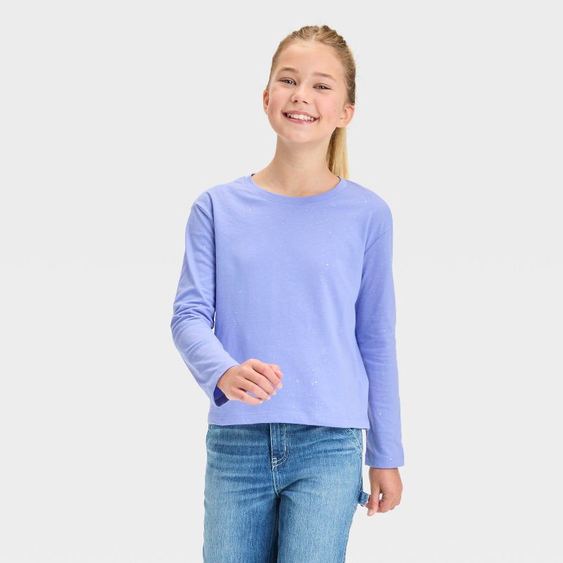 slide 1 of 3, Girls' Long Sleeve Sparkle T-Shirt - Cat & Jack™ Sparkle Periwinkle Blue L, 1 ct