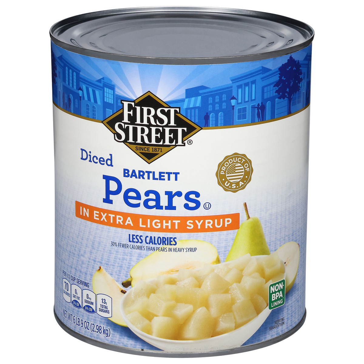 slide 4 of 4, First Street Diced Pears In Extra Light Syrup, 105 oz
