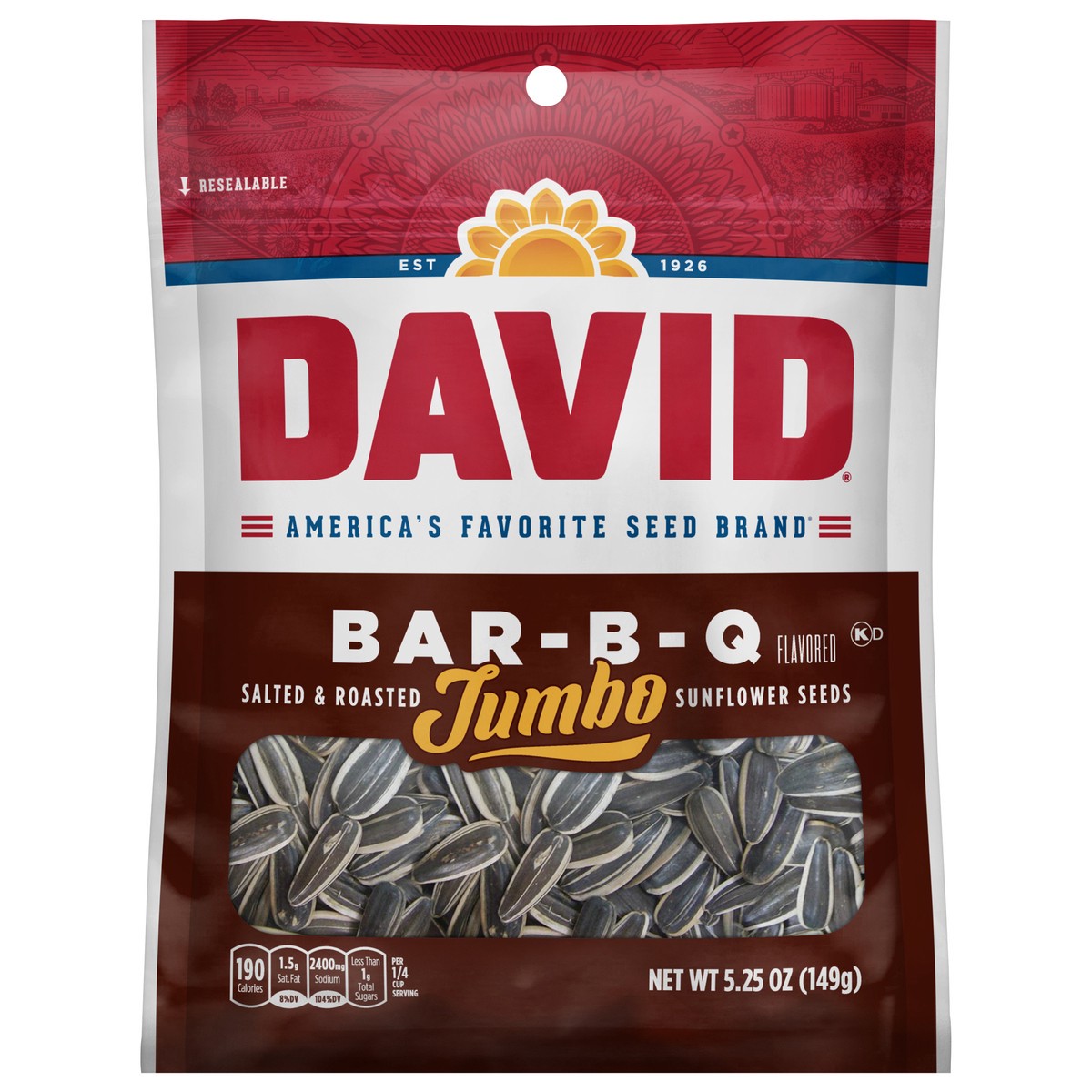 slide 1 of 5, DAVID Jumbo Salted & Roasted Bar-B-Q Flavored Sunflower Seeds 5.25 oz, 5.25 oz