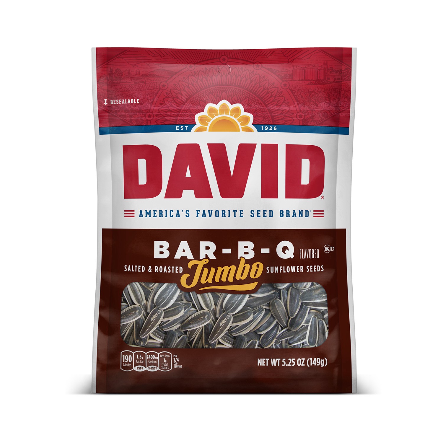 slide 1 of 5, DAVID Jumbo Salted & Roasted Bar-B-Q Flavored Sunflower Seeds 5.25 oz, 5.25 oz