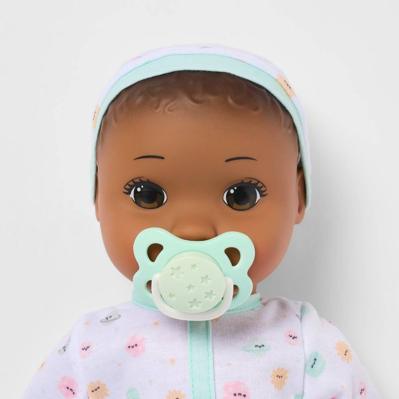 slide 3 of 5, 14" Baby Doll Set - Dark Brown Hair + Brown Eyes - Gigglescape™: Includes Plush, Pacifier, Play Food, Keychain, 1 ct