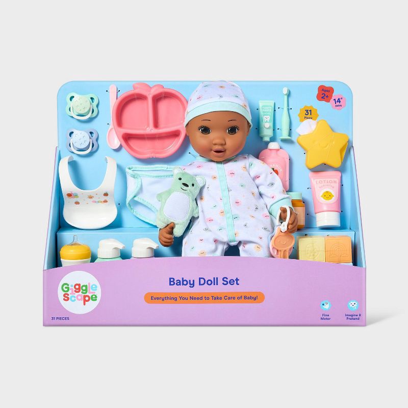 slide 4 of 5, 14" Baby Doll Set - Dark Brown Hair + Brown Eyes - Gigglescape™: Includes Plush, Pacifier, Play Food, Keychain, 1 ct