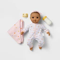 14" Nurturing Baby Doll - Brown Hair + Brown Eyes - Gigglescape™: Wavy Hair, Plastic Material, 6-Piece Set