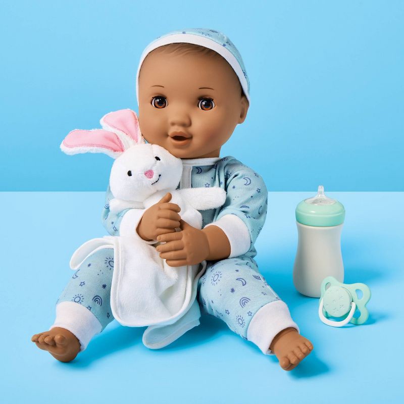 slide 2 of 5, 14" Snooze and Snuggle Baby Doll - Brown Hair + Brown Eyes - Gigglescape™: Includes Plush, Pacifier, Outfit, 1 ct