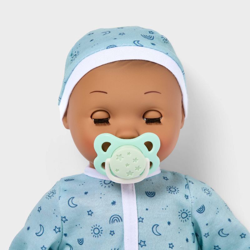 slide 3 of 5, 14" Snooze and Snuggle Baby Doll - Brown Hair + Brown Eyes - Gigglescape™: Includes Plush, Pacifier, Outfit, 1 ct