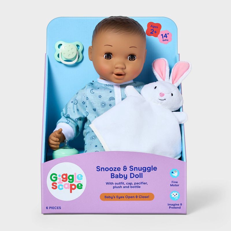 slide 4 of 5, 14" Snooze and Snuggle Baby Doll - Brown Hair + Brown Eyes - Gigglescape™: Includes Plush, Pacifier, Outfit, 1 ct