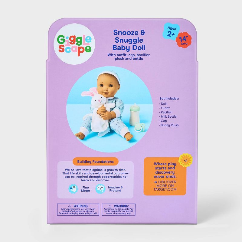 slide 5 of 5, 14" Snooze and Snuggle Baby Doll - Brown Hair + Brown Eyes - Gigglescape™: Includes Plush, Pacifier, Outfit, 1 ct