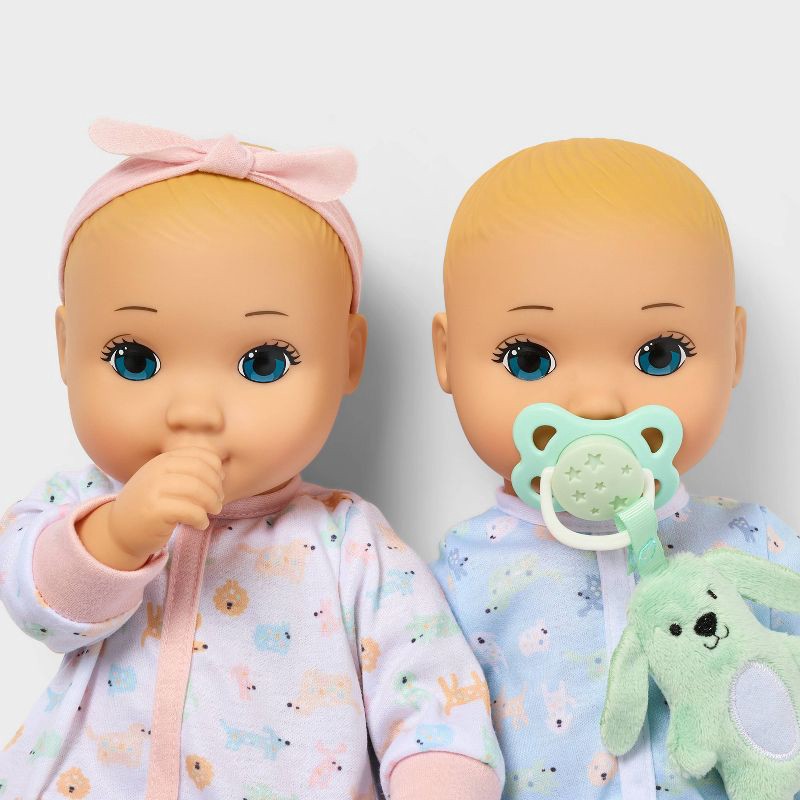 slide 3 of 5, 14" Boy Girl Twin Baby Dolls - Blonde Hair + Blue Eyes - Gigglescape™: PVC Material, Plush, 11 Pieces Set, 11 ct