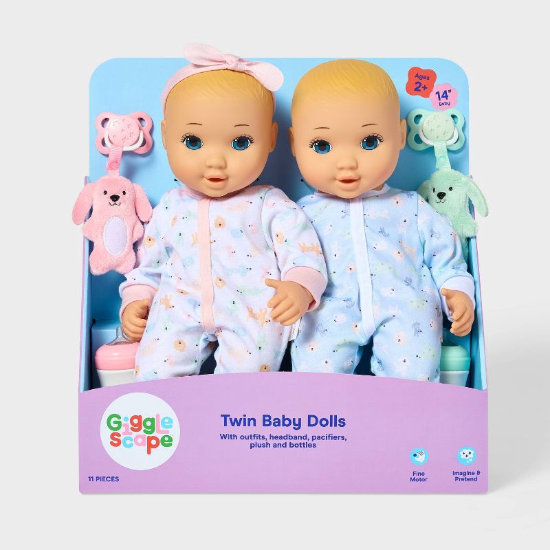 slide 4 of 5, 14" Boy Girl Twin Baby Dolls - Blonde Hair + Blue Eyes - Gigglescape™: PVC Material, Plush, 11 Pieces Set, 11 ct